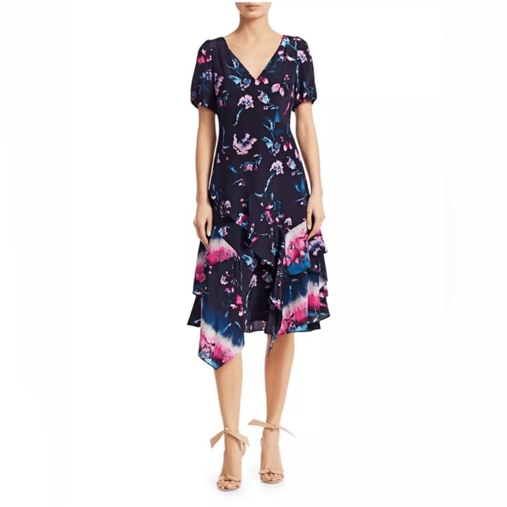 Tanya Taylor Blue and Pink Puff Sleeve Wrap Dress